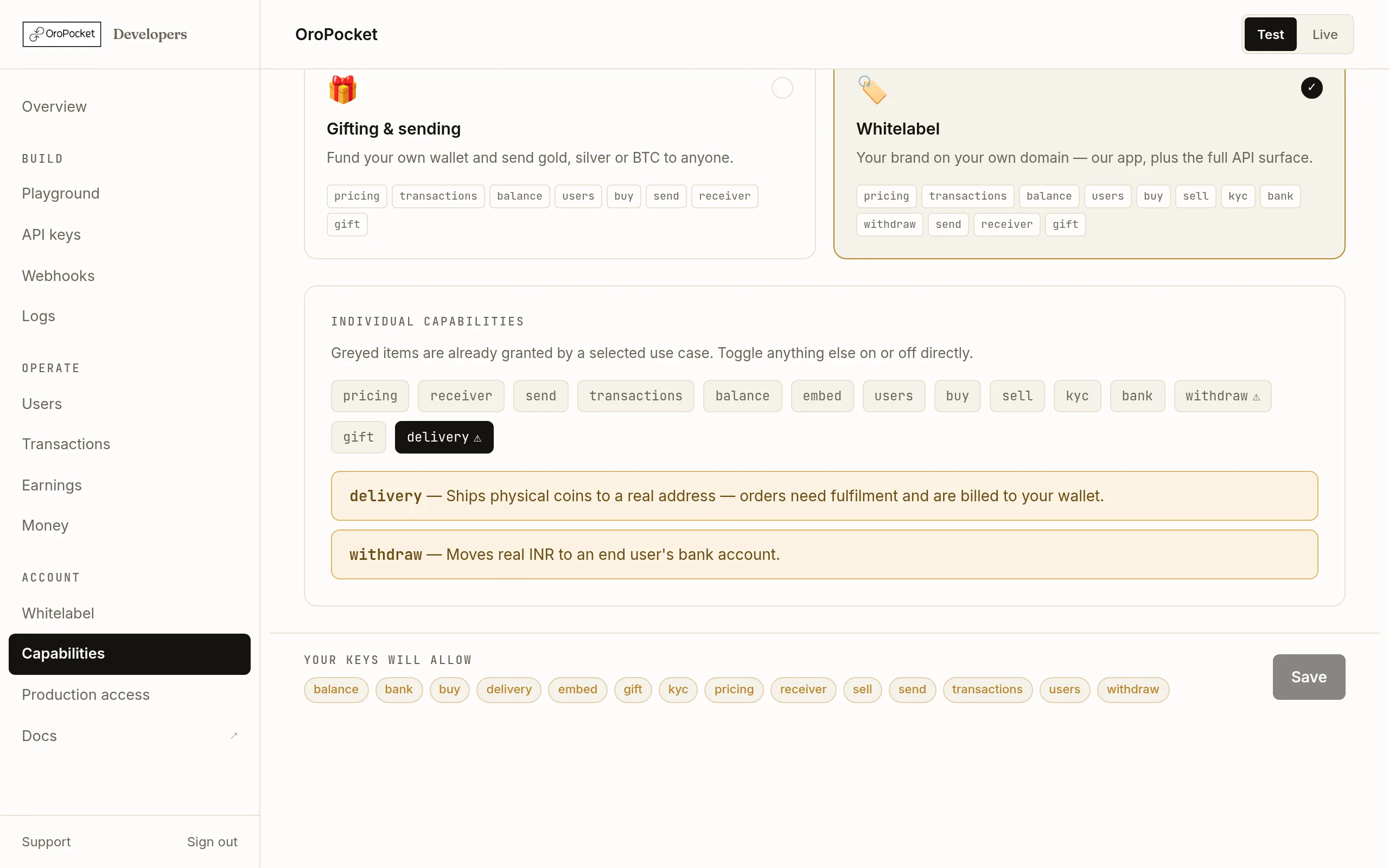 The Individual capabilities section of the OroPocket Capabilities page, showing a grid of capability chips with some greyed out because a selected use case already grants them.