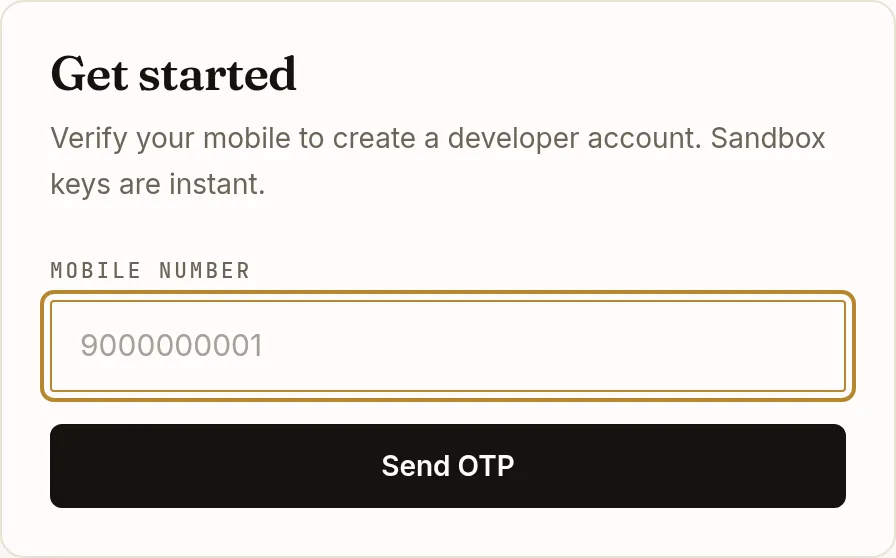 The Get started card on the OroPocket developer signup page, with a Mobile number field and a Send OTP button.