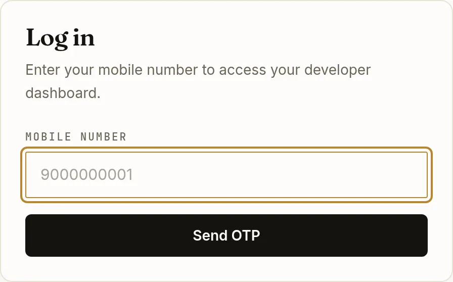 The Log in card on developers.oropocket.com, with a Mobile number field and a Send OTP button.