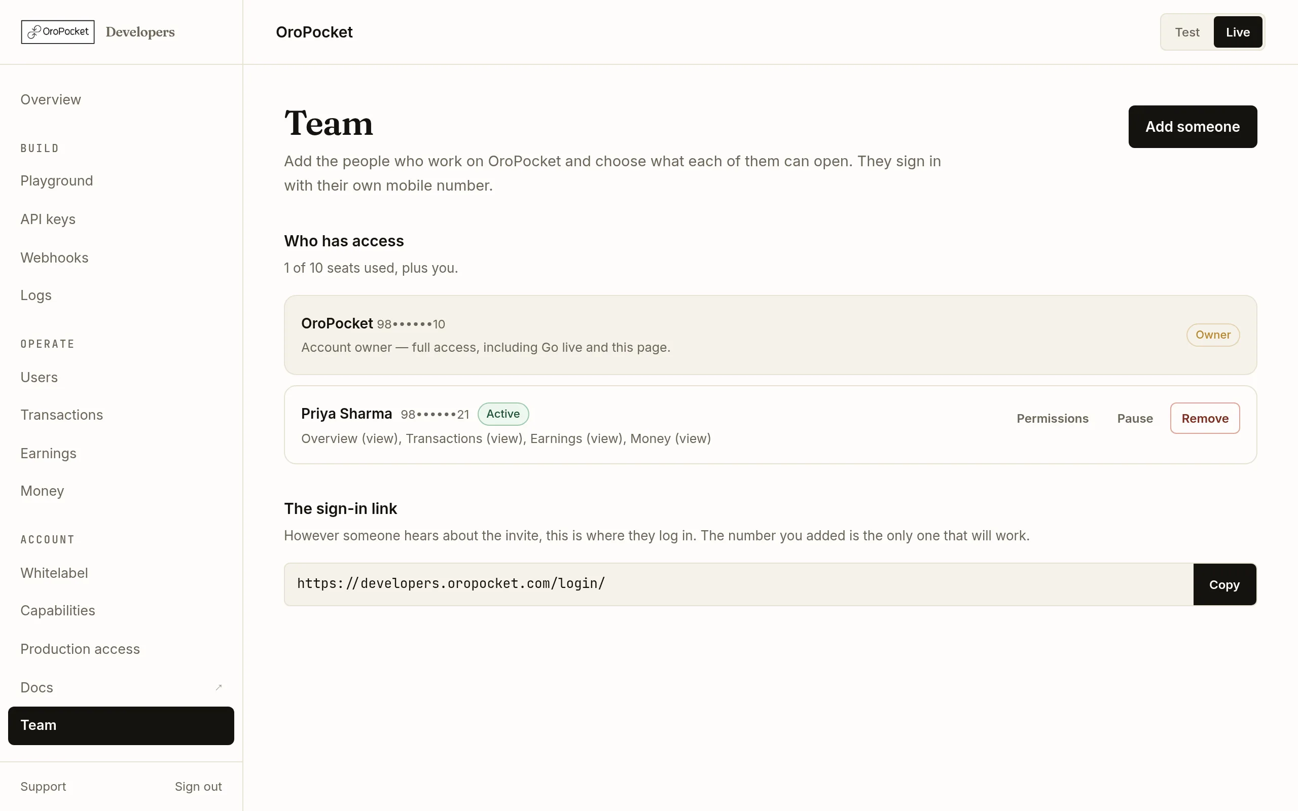 The sign-in link section at the bottom of the OroPocket Team page, showing a copyable login URL for developers.oropocket.com.
