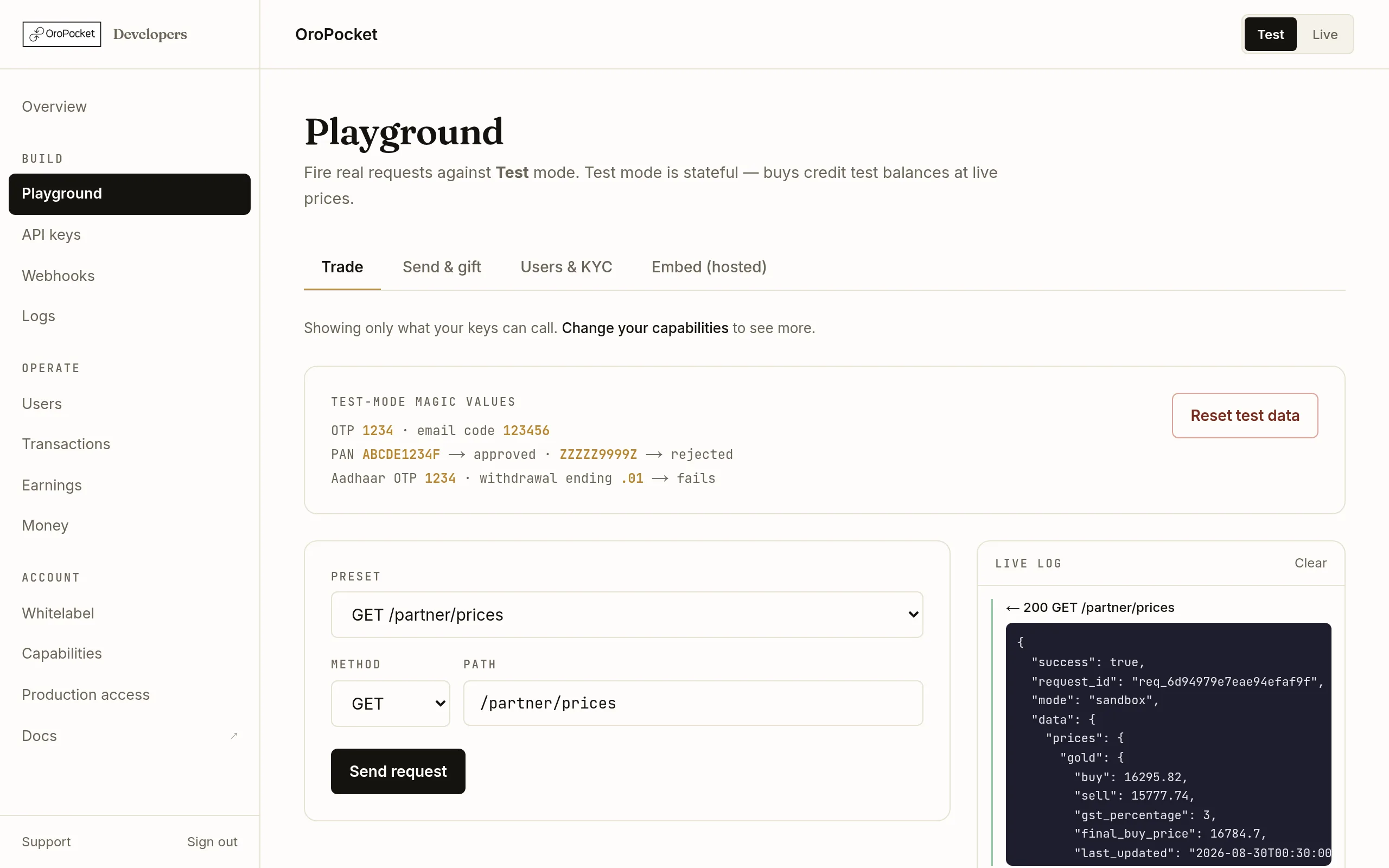 The OroPocket Playground after sending a prices request, with the live log showing the outgoing GET request and a green 200 response containing gold and silver buy and sell rates in JSON.
