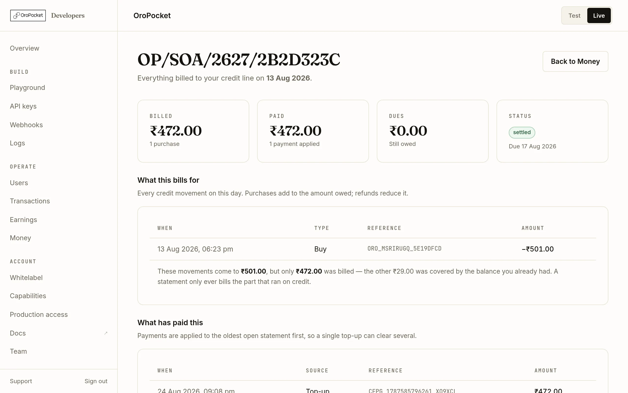 The What this bills for section of an OroPocket statement, listing a buy with its reference and amount, followed by a note explaining that the movements came to more than the billed figure because part was covered by an existing balance.