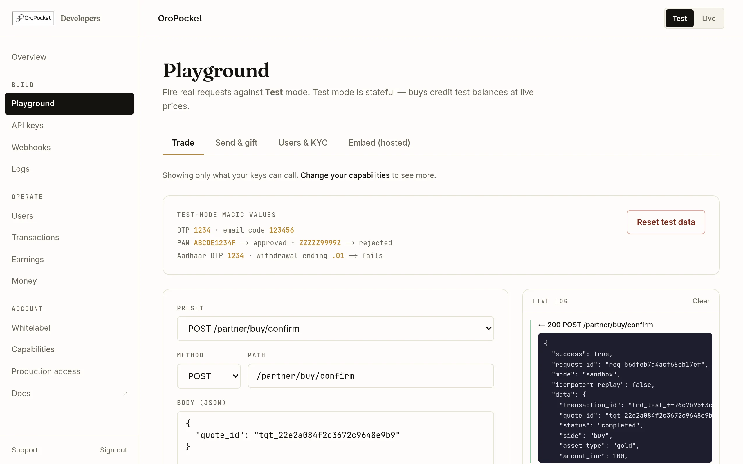 The OroPocket Playground live log showing a successful buy confirmation response with a transaction reference, the settled gram quantity and a completed status.