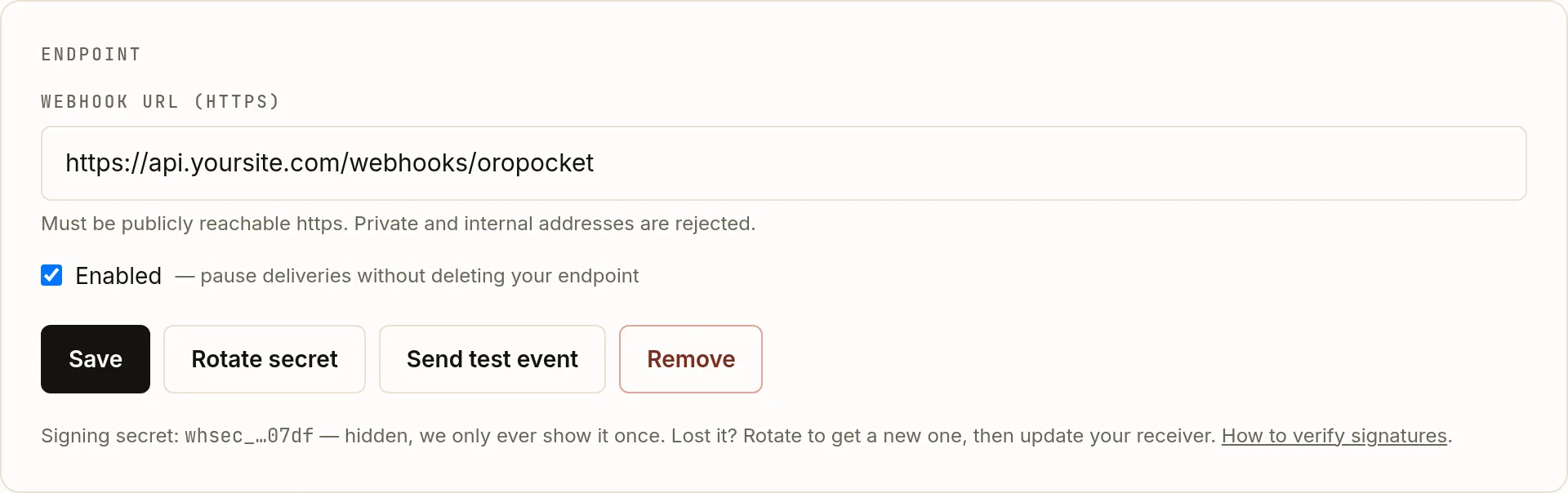 The webhook endpoint card in the OroPocket dashboard, showing the webhook URL field, an Enabled checkbox, and Save, Rotate secret, Send test event and Remove buttons.