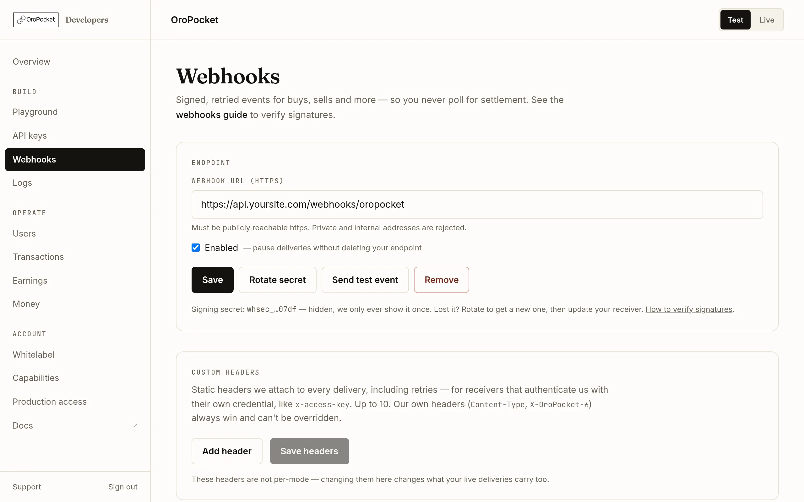 The recent deliveries table on the OroPocket webhooks page, showing rows with timestamp, event type, delivery status badge, HTTP code, attempt count, and Show error and Replay actions.