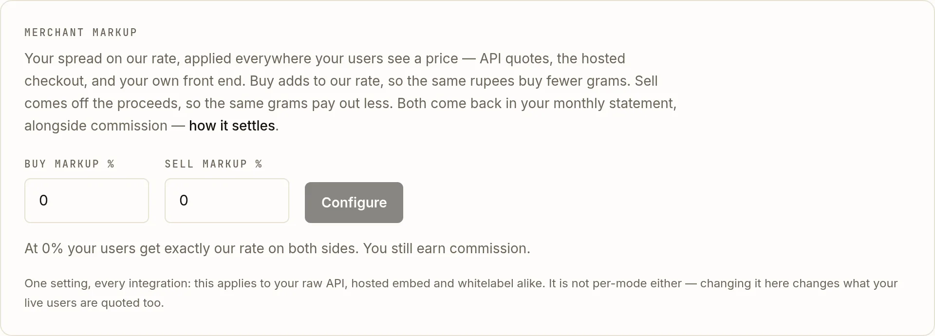 The Merchant markup card on the OroPocket Earnings page, with Buy markup percentage and Sell markup percentage number fields, a Configure button, and a note explaining that the setting applies to every integration.