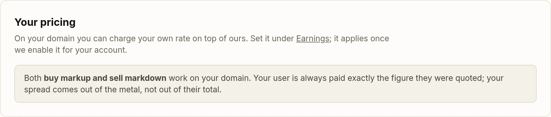 The Your pricing card on the OroPocket whitelabel page, explaining that buy markup and sell markdown both apply on your domain and pointing to the Earnings page to set them.