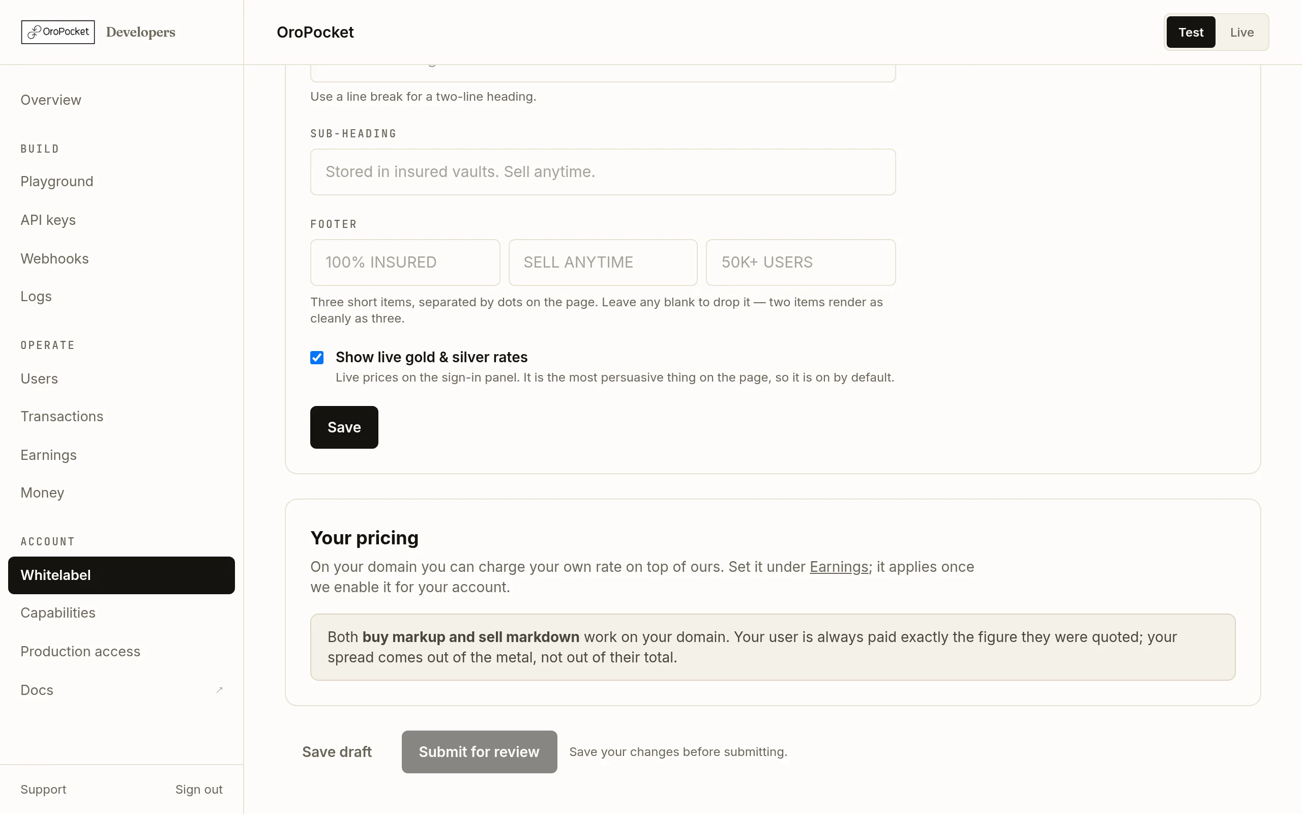 The bottom of the OroPocket whitelabel page showing the Save draft and Submit for review buttons beneath the configuration cards.