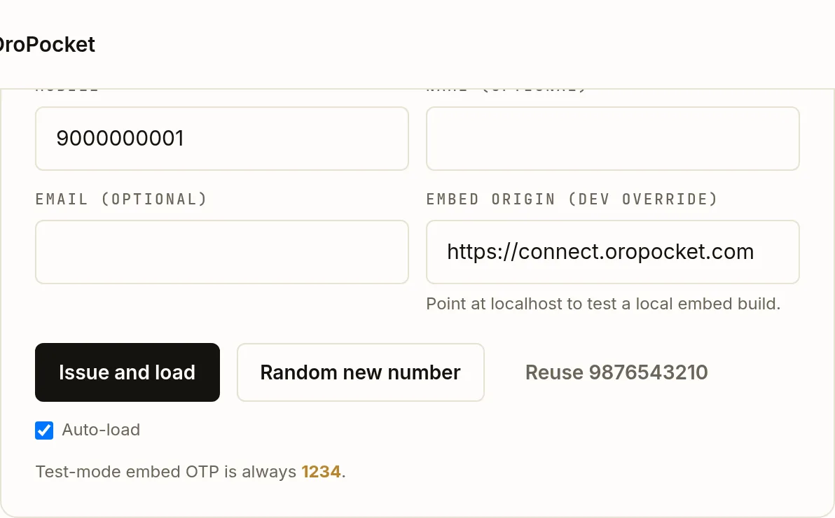 The Issue a user_code card in the OroPocket Playground Embed tab, with fields for mobile, name, email and an embed origin override, plus Issue and load, Random new number and Reuse buttons.