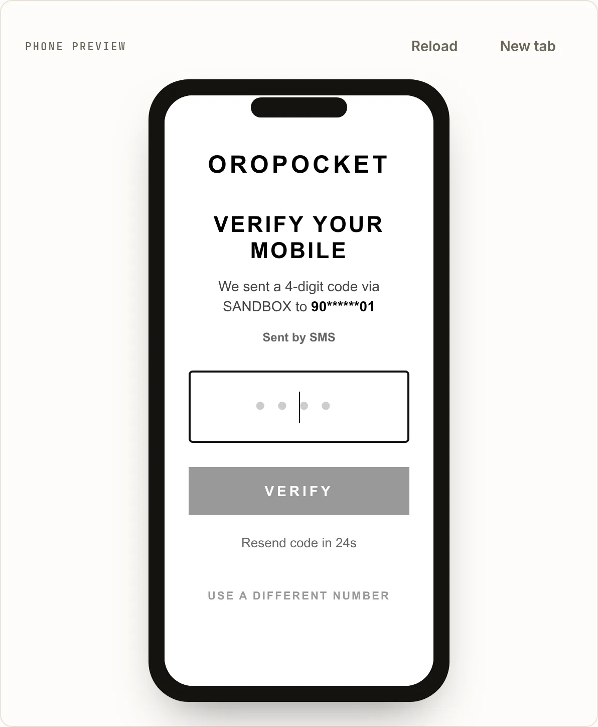The phone preview in the OroPocket Playground showing the hosted embed's Verify your mobile screen, with a masked mobile number, a four-digit code field and a Verify button.