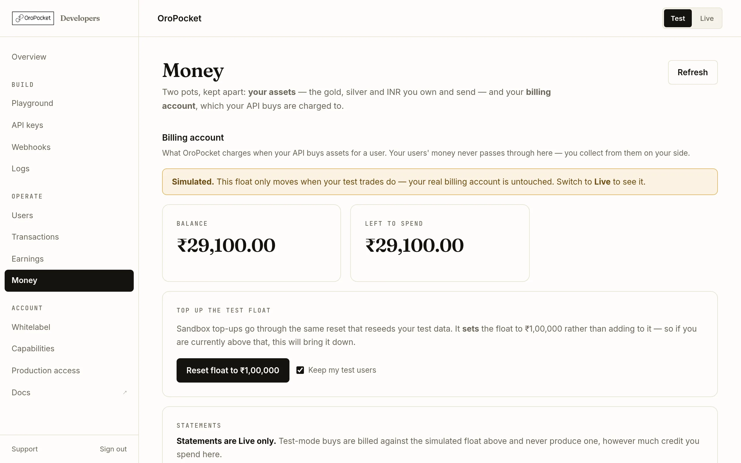 The billing account section of the OroPocket Money page, showing balance and available-to-spend figures alongside the funding card and recent ledger activity.