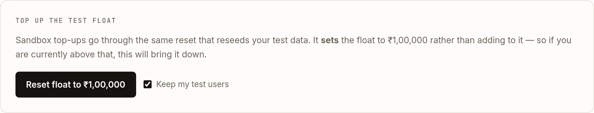 The Top up the test float card on the OroPocket Money page in Test mode, with a button to reset the float to one lakh rupees and a checkbox to keep existing test users.